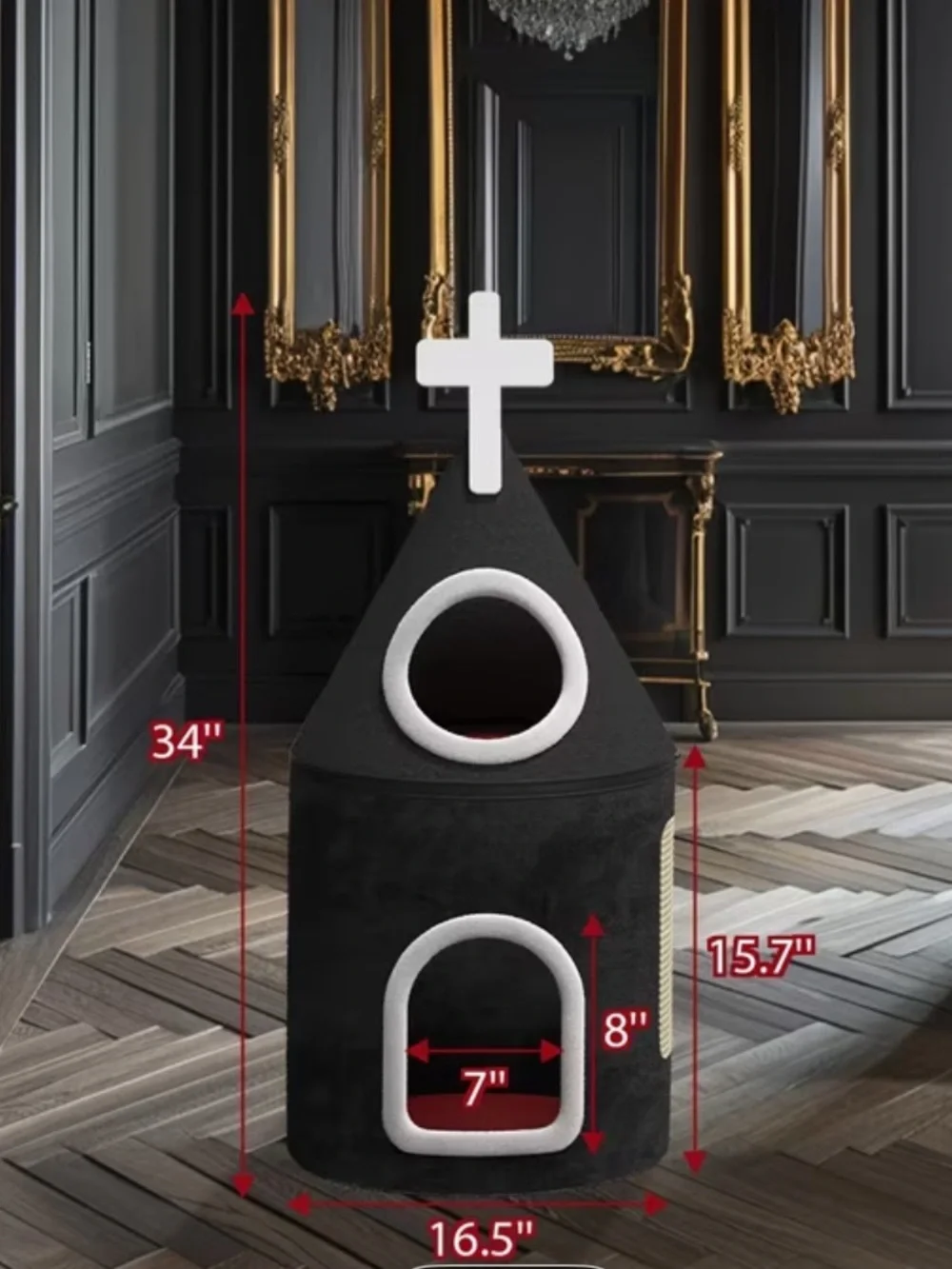 Black Cathedral-Style Cat Condo with Cozy White Trim